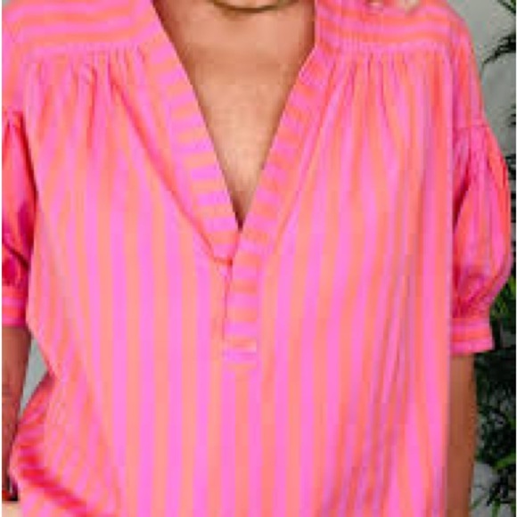 Anthropologie striped pink and orange puff sleeve shirt EUC - Picture 2 of 4